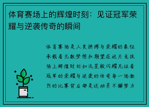 体育赛场上的辉煌时刻：见证冠军荣耀与逆袭传奇的瞬间